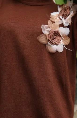 Ensemble Deux Pièces En Tricot Avec Tunique Et Pantalon à Appliqués Roses 1036-02 Marron 1036-02
