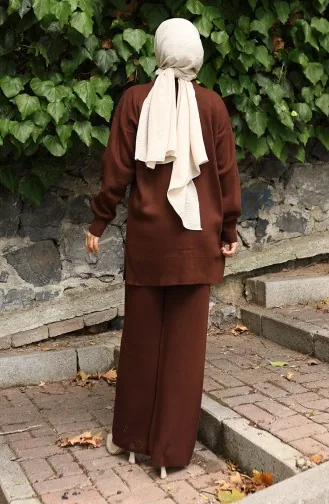 Ensemble Deux Pièces En Tricot Avec Tunique Et Pantalon à Appliqués Roses 1036-02 Marron 1036-02