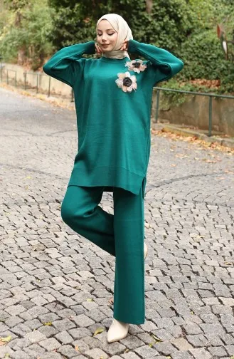 Ensemble Deux Pièces Tunique Et Pantalon En Tricot Avec Appliqués Roses 1036-03 Pétrole 1036-03