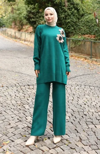 Ensemble Deux Pièces Tunique Et Pantalon En Tricot Avec Appliqués Roses 1036-03 Pétrole 1036-03