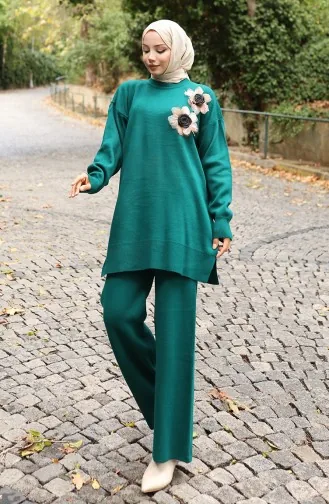 Ensemble Deux Pièces Tunique Et Pantalon En Tricot Avec Appliqués Roses 1036-03 Pétrole 1036-03