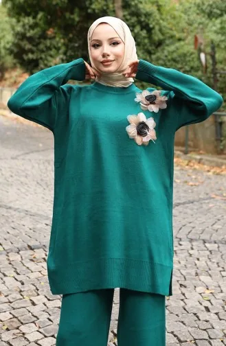 Ensemble Deux Pièces Tunique Et Pantalon En Tricot Avec Appliqués Roses 1036-03 Pétrole 1036-03