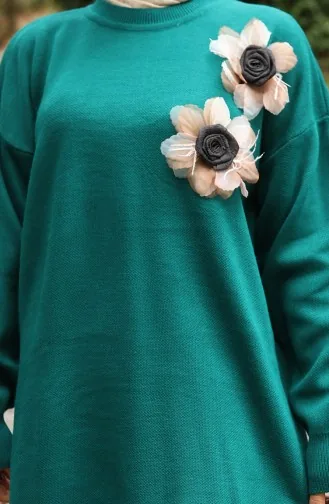 Ensemble Deux Pièces Tunique Et Pantalon En Tricot Avec Appliqués Roses 1036-03 Pétrole 1036-03