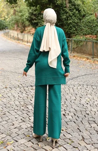 Ensemble Deux Pièces Tunique Et Pantalon En Tricot Avec Appliqués Roses 1036-03 Pétrole 1036-03