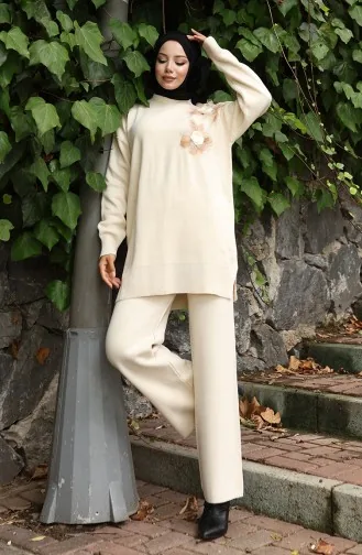 Ensemble Deux Pièces Tunique Et Pantalon En Tricot Avec Appliqués Roses 1036-04 Beige 1036-04
