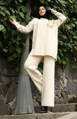 Ensemble Deux Pièces Tunique Et Pantalon En Tricot Avec Appliqués Roses 1036-04 Beige 1036-04