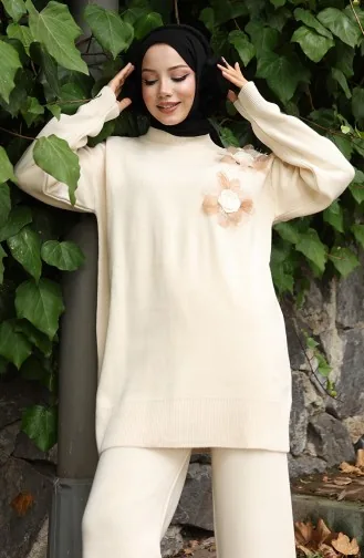 Ensemble Deux Pièces Tunique Et Pantalon En Tricot Avec Appliqués Roses 1036-04 Beige 1036-04