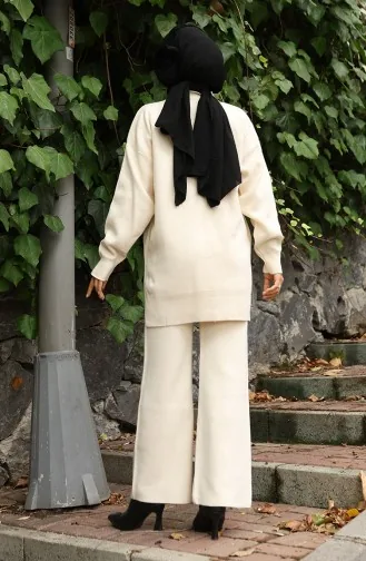 Ensemble Deux Pièces Tunique Et Pantalon En Tricot Avec Appliqués Roses 1036-04 Beige 1036-04