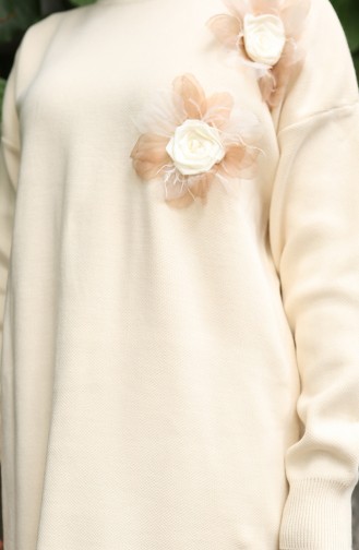 Knitwear Rose Appliqued Tunic Trousers Two Piece Set 1036-04 Beige 1036-04