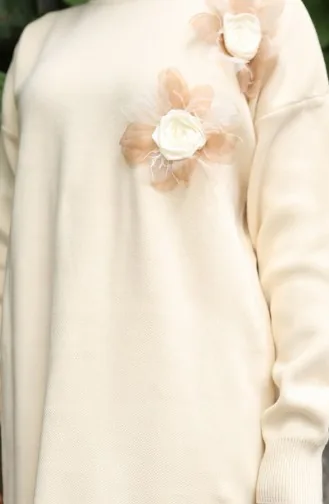 Ensemble Deux Pièces Tunique Et Pantalon En Tricot Avec Appliqués Roses 1036-04 Beige 1036-04