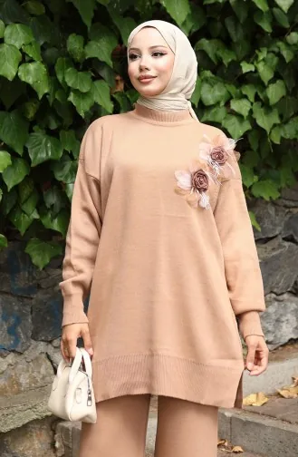 Ensemble Deux Pièces En Tricot Avec Tunique Et Pantalon à Appliqués Roses Couleur Café Au Lait 1036-05 1036-05