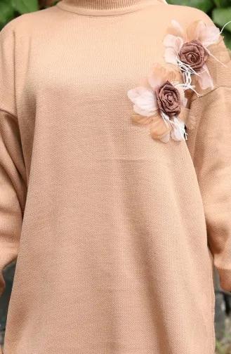 Ensemble Deux Pièces En Tricot Avec Tunique Et Pantalon à Appliqués Roses Couleur Café Au Lait 1036-05 1036-05