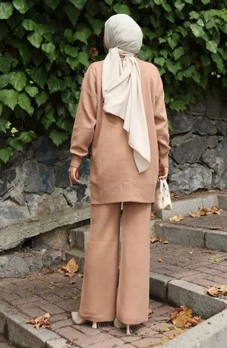 Ensemble Deux Pièces En Tricot Avec Tunique Et Pantalon à Appliqués Roses Couleur Café Au Lait 1036-05 1036-05