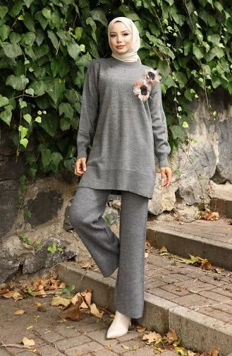 Ensemble Deux Pièces Tunique Et Pantalon En Tricot Avec Appliques Roses 1036-06 Gris 1036-06