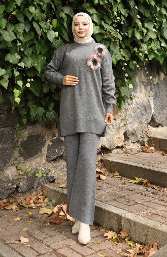 Knitwear Rose Appliqued Tunic Trousers Two Piece Suit 1036-06 Gray 1036-06