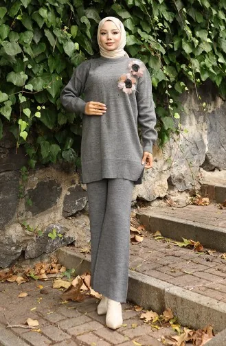 Ensemble Deux Pièces Tunique Et Pantalon En Tricot Avec Appliques Roses 1036-06 Gris 1036-06