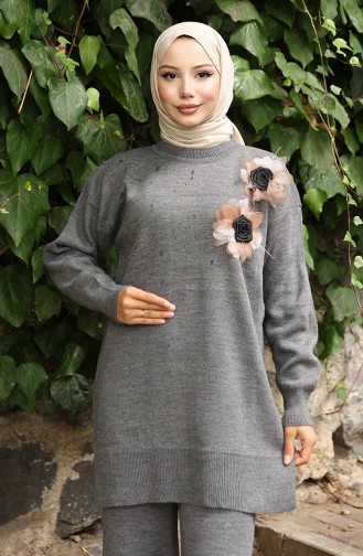 Knitwear Rose Appliqued Tunic Trousers Two Piece Suit 1036-06 Gray 1036-06
