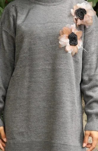 Ensemble Deux Pièces Tunique Et Pantalon En Tricot Avec Appliques Roses 1036-06 Gris 1036-06