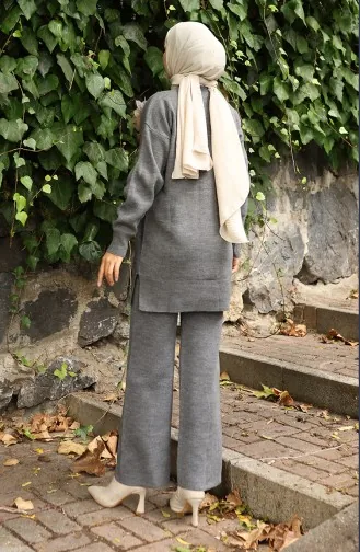 Ensemble Deux Pièces Tunique Et Pantalon En Tricot Avec Appliques Roses 1036-06 Gris 1036-06