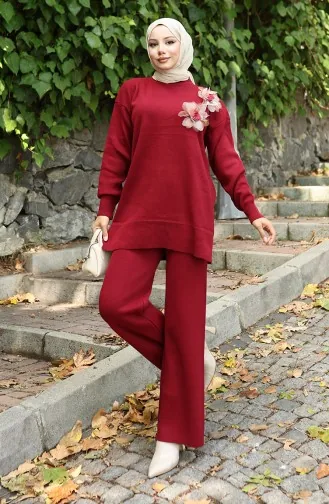 Triko Gül Aplikeli Tunik Pantolon İkili Takım 1036-07 Bordo
