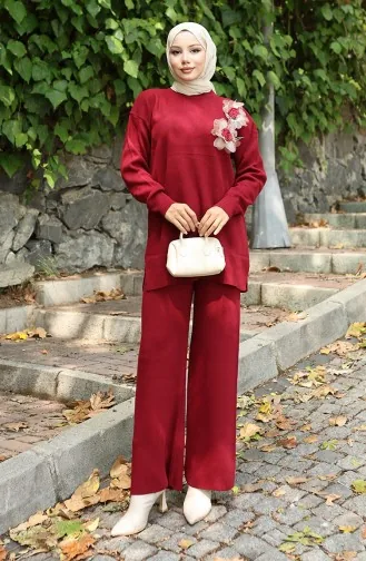 Triko Gül Aplikeli Tunik Pantolon İkili Takım 1036-07 Bordo
