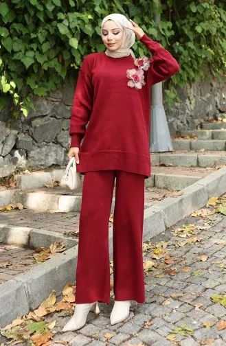 Triko Gül Aplikeli Tunik Pantolon İkili Takım 1036-07 Bordo