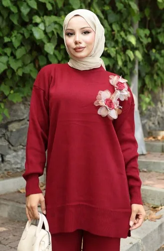 Triko Gül Aplikeli Tunik Pantolon İkili Takım 1036-07 Bordo