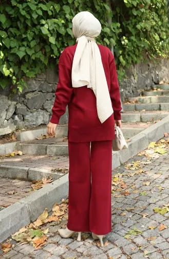 Triko Gül Aplikeli Tunik Pantolon İkili Takım 1036-07 Bordo