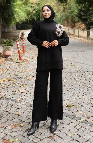 Gebreide Rozenapplicatie Tuniek Broek Tweedelig Set 1036-08 Zwart 1036-08