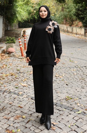Gebreide Rozenapplicatie Tuniek Broek Tweedelig Set 1036-08 Zwart 1036-08
