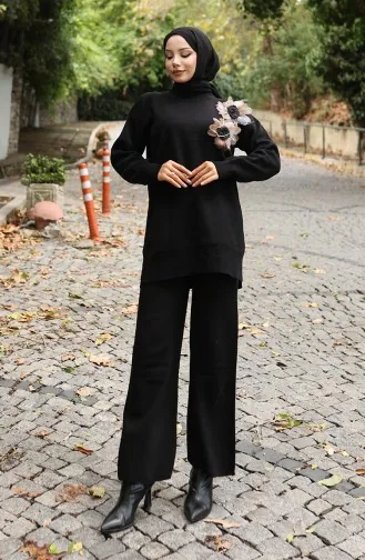 Ensemble Deux Pièces Tunique Et Pantalon En Tricot Avec Appliqués Roses 1036-08 Noir 1036-08