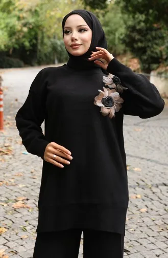Ensemble Deux Pièces Tunique Et Pantalon En Tricot Avec Appliqués Roses 1036-08 Noir 1036-08