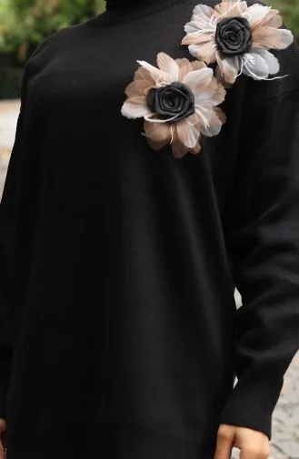 Ensemble Deux Pièces Tunique Et Pantalon En Tricot Avec Appliqués Roses 1036-08 Noir 1036-08