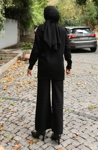 Ensemble Deux Pièces Tunique Et Pantalon En Tricot Avec Appliqués Roses 1036-08 Noir 1036-08