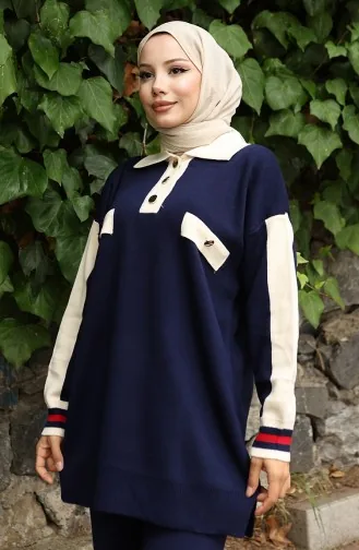 Triko Polo Yaka Tunik Pantolon İkili Takım 1048-01 Lacivert