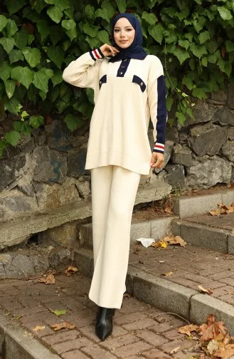 Knitwear Polo Collar Tunic Trousers Two Piece Suit 1048-02 Beige 1048-02