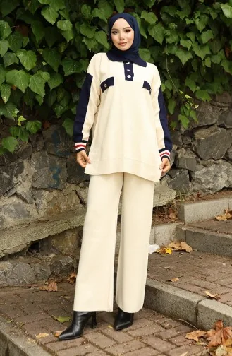 Knitwear Polo Collar Tunic Trousers Two Piece Suit 1048-02 Beige 1048-02