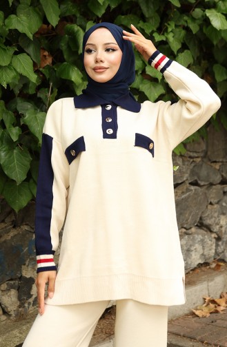 Strickanzug Mit Polokragen Tunika Und Hose Zweiteilig 1048-02 Beige 1048-02