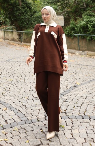 Knitwear Polo Collar Tunic Trousers Two Piece Suit 1048-03 Brown 1048-03