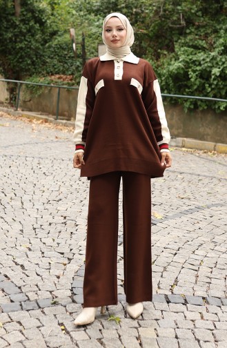 Knitwear Polo Collar Tunic Trousers Two Piece Suit 1048-03 Brown 1048-03