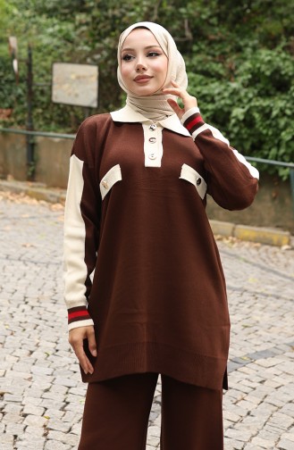 Knitwear Polo Collar Tunic Trousers Two Piece Suit 1048-03 Brown 1048-03