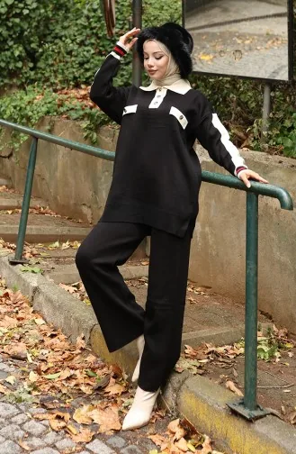 Knitwear Polo Collar Tunic Trousers Two Piece Suit 1048-04 Black 1048-04