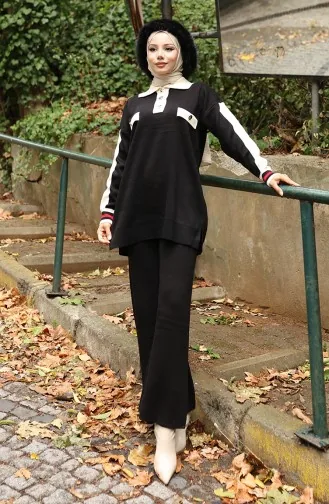 Knitwear Polo Collar Tunic Trousers Two Piece Suit 1048-04 Black 1048-04