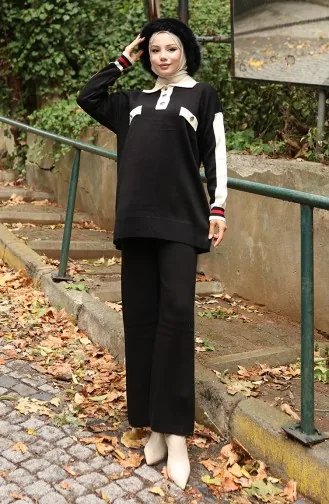 Knitwear Polo Collar Tunic Trousers Two Piece Suit 1048-04 Black 1048-04