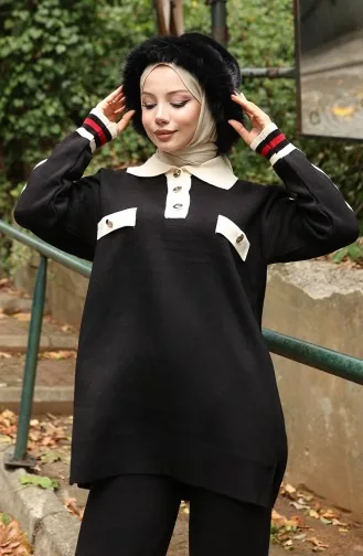 Knitwear Polo Collar Tunic Trousers Two Piece Suit 1048-04 Black 1048-04