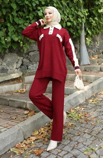 Knitwear Polo Collar Tunic Trousers Two Piece Suit 1048-05 Claret Red 1048-05