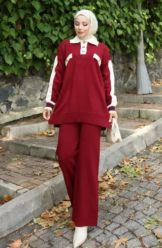 Knitwear Polo Collar Tunic Trousers Two Piece Suit 1048-05 Claret Red 1048-05