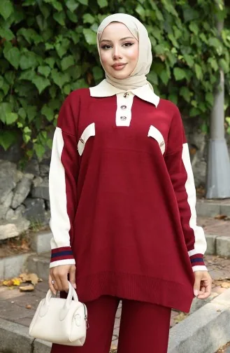 Knitwear Polo Collar Tunic Trousers Two Piece Suit 1048-05 Claret Red 1048-05