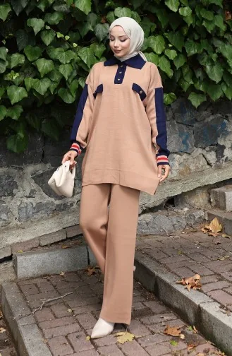 Knitwear Polo Collar Tunic Trousers Two Piece Suit 1048-06 Milk Coffee 1048-06
