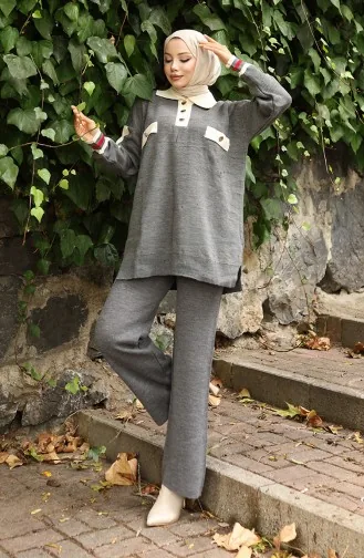Knitwear Polo Collar Tunic Trousers Two Piece Suit 1048-08 Gray 1048-08